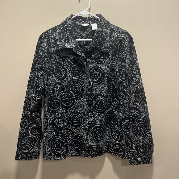 Laura Ashley Women's Black Jacket Embroidered White Spirals 1X Artsy Unique Rare - Picture 1 of 12